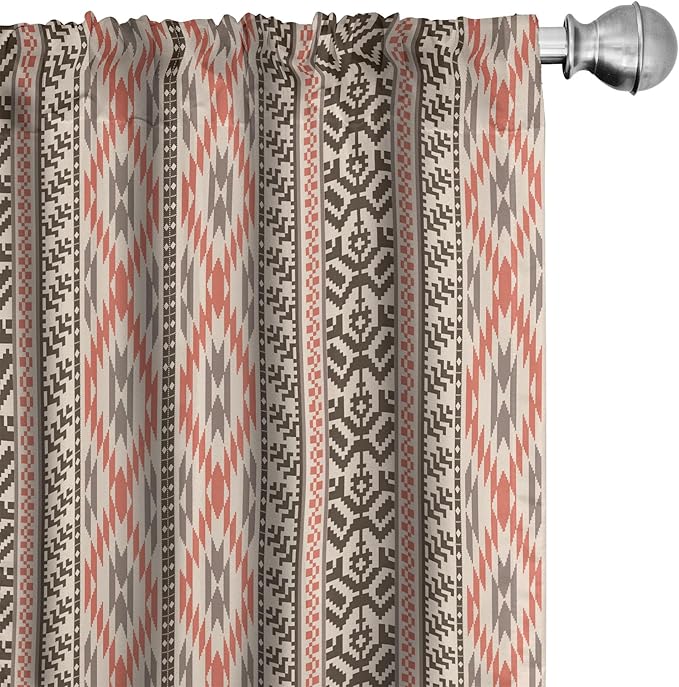 Ambesonne Southwestern Window Curtains Pack of 2, Traditional Vertical Borders Inspired by Prehistoric Art Ikat Style, Lightweight Set with Rod Pocket, 4 Panels of - 28" x 95", Brown Coral