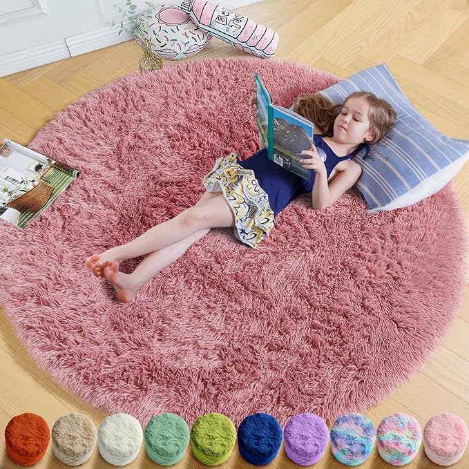 Amdrebio Blush Pink Big Round Fluffy Rug 7Ft by Amdrebio
