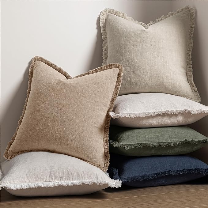 MIULEE Boho Linen Fringe Decorative Throw Pillow Covers Camel 20x20 | Set of 2 - Image 5