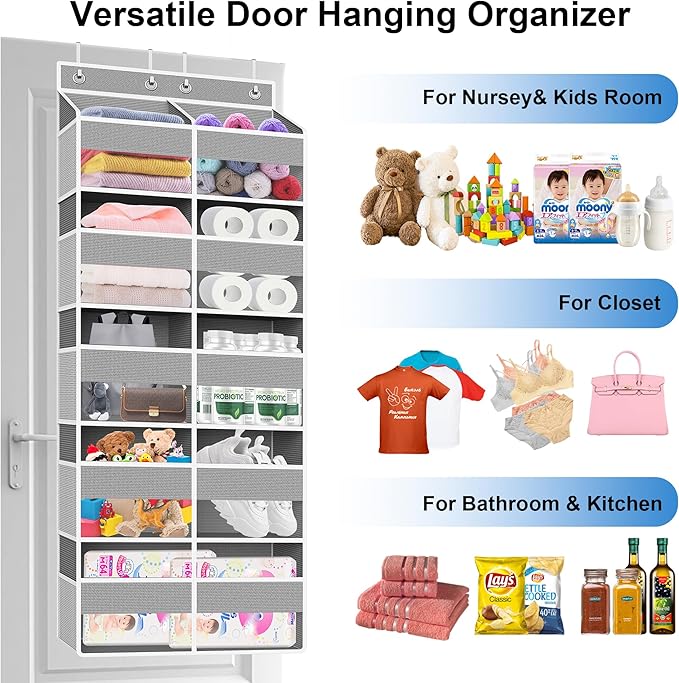 Over The Door Organizer Multi Pocket,5 Tier Large Hanging Shelf for Storage Kids Toys, Diapers, Clothes,Yarn,Heavy Duty Behind Door Storage for Bedroom Bathoom Nursery Closet Pantry,gray