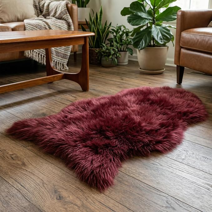 duduta Burgundy Faux Sheepskin Rug 2x3 ft, Fluffy Fur Seat Chair Covers | Shag - Image 7