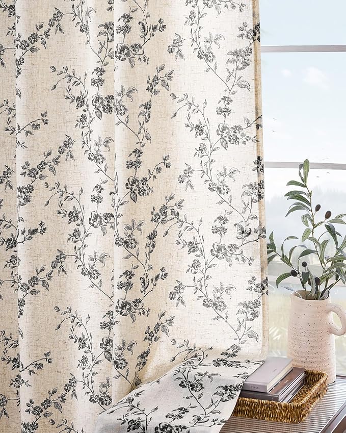 Black Vintage Floral Linen Curtains Farmhouse 50W X 90L 2 Panels | Elisa Series - Image 9
