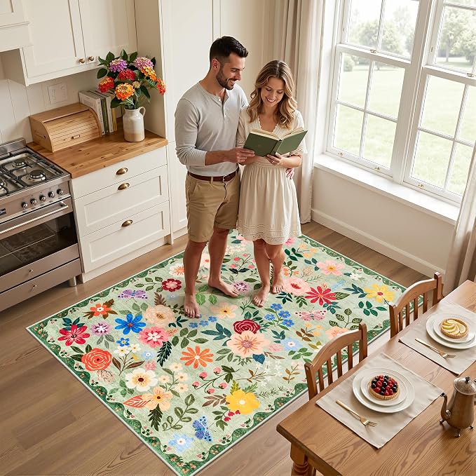 PLHXFR Area Rug Living Room: 3x5 Floral Washable Boho Soft Carpet Green | - Image 3