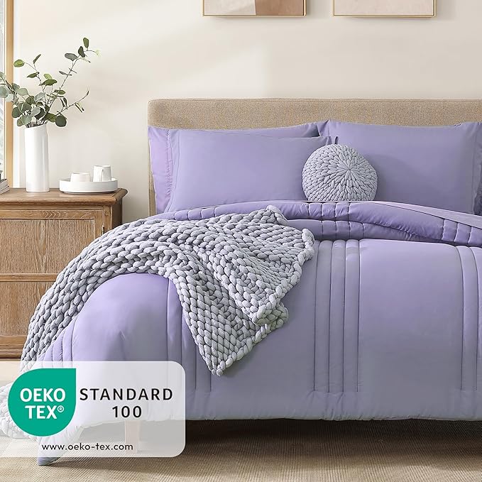 Monbix Queen Comforter Set - 7 Pieces Light Purple Bed in a Bag Queen Bedding Sets with Comforters, All Seasons Down Alternative Comforter Bed Set with Sheets, Pillowcases & Shams