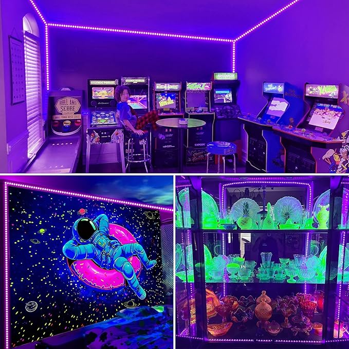 80ft Black Lights Strip with Remote, 1440 LEDs, 12V Flexible Blackights for Glow Party, Adjust Brightness, Delay Off, 3 Light Modes, Indoor Fluorescent Party, Stage Lighting