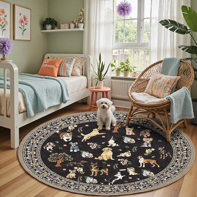 Black 4Ft Round Dogs Area Rug for Living Room Bedroom | Stain Resistant; Non by WelcometoBabovid
