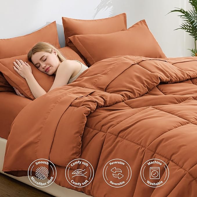 Love's cabin California King Comforter Set Burnt Orange, 7 Pieces California King Bed in a Bag, All Season Bedding Sets with 1 Comforter, 1 Flat Sheet, 1 Fitted Sheet, 2 Pillowcase and 2 Pillow Sham