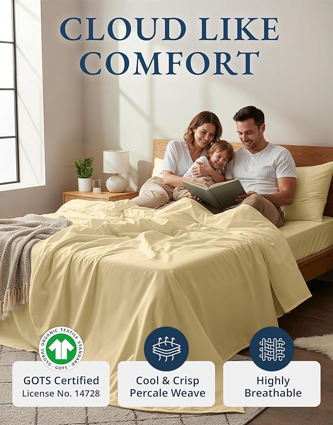 LANE LINEN 100% Organic Cotton Sustainably Produced Twin XL Bed Sheets, Mercerized Fully Elasticized Percale Perfect for Hospital Bed & Dorm Room, Reinforced Seams Twin XL Sheets-Vanilla