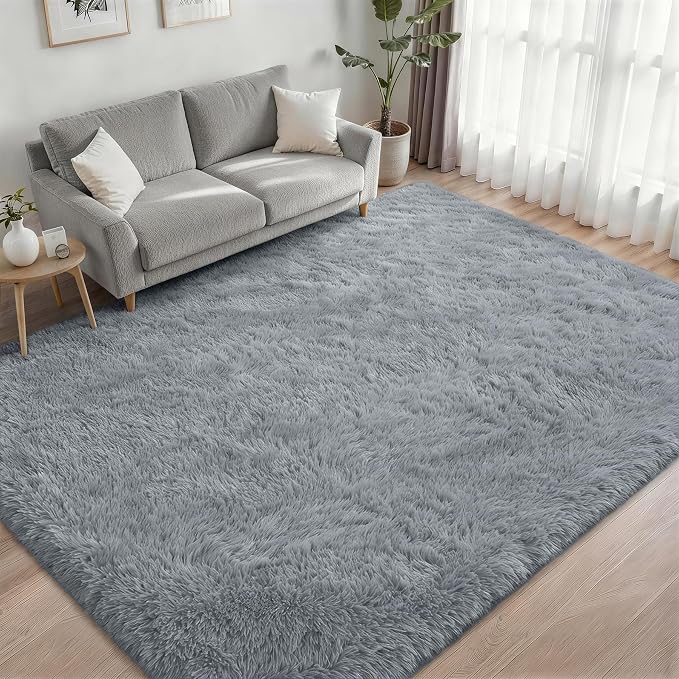Area Rug Living Room Bedroom: 5x7 Fluffy Plush Shag Carpet Gray | - Image 2