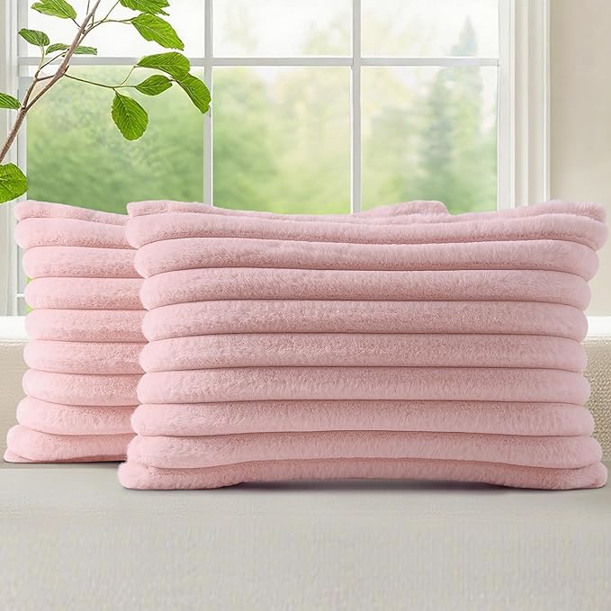 decorUhome Fall Faux Fur Throw Pillow Covers 12x20 Set of 2 Pink | Decorative by decorUhome
