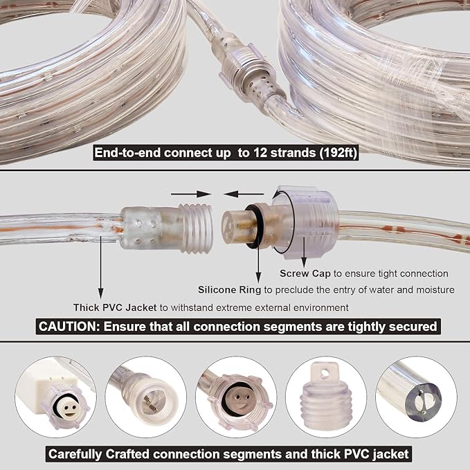 48ft Warm White LED Rope Lights Outdoor - 324 LEDs Christmas Rope Lights, 120V ETL Certified, Connectable to 192ft, Weather-Resistant, w/24 Mounting Clips & Screws - Cozy Home & Café Decor