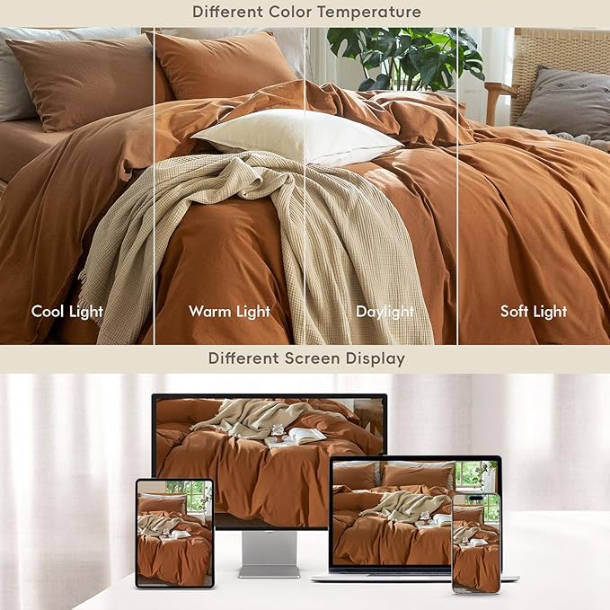 MooMee Bedding Duvet Cover Set 100% Washed Cotton Linen Like Textured Breathable Durable Soft Comfy (Solid Dark Orange, Queen 90"x90")