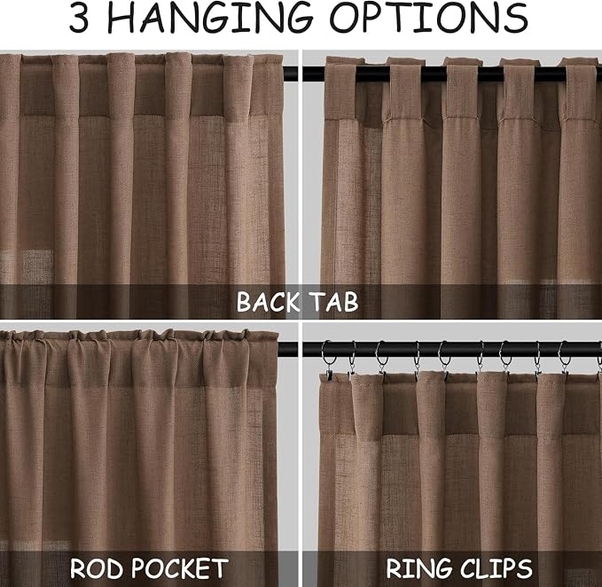 Caramel Brown Linen Curtains for Living Room 94 Inches Long Back Tab and Rod - Image 2