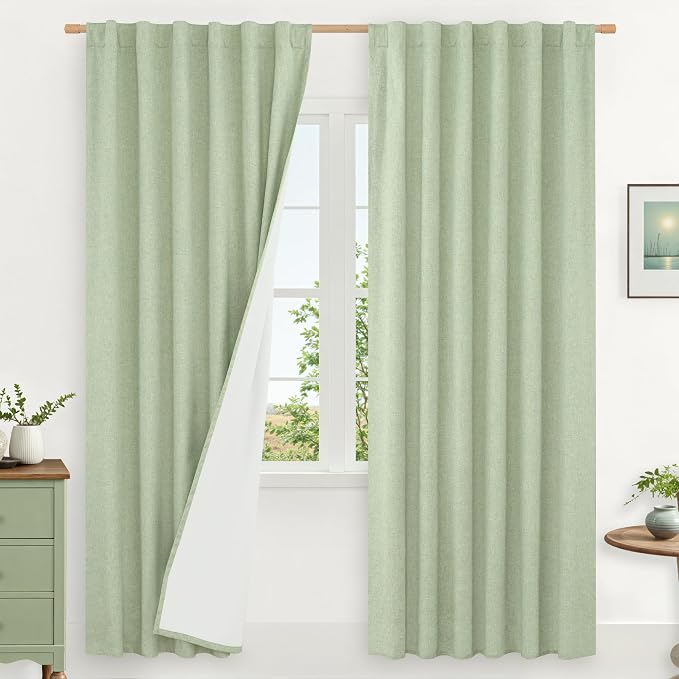 100% Blackout Natural Linen Curtains 72 Inches 2 Panels, Light Green | Room by LAMIT