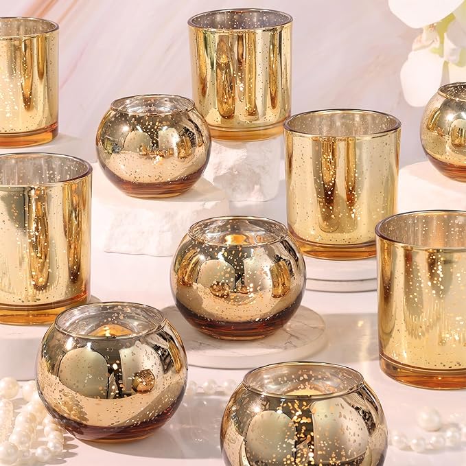 20 Pcs Assorted Gold Votive Candle Holders Bulk, Larger Size Mercury Glass Votives with Round Candle Holder for Wedding Decorations, Tealight Candle Holder for Gold Party Table Centerpieces