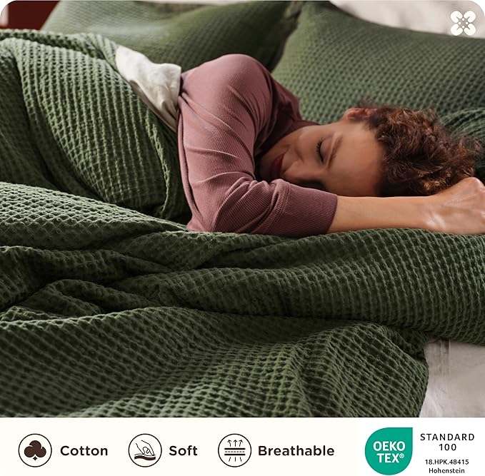 Bedsure Cotton Duvet Cover Set - 100% Cotton Waffle Weave Olive Green Duvet Cover Oversized Queen Size, GentleSoft™ and Breathable Bedding Set for All Season, 3 Pieces, 98"x98"