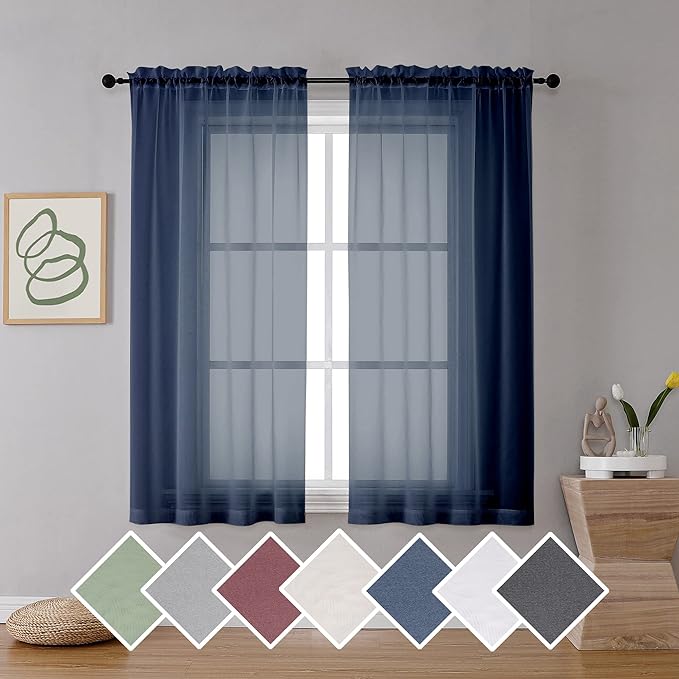 2 Panels Sheer Navy Blue Curtains 54 Inches Length Window Treatment by OVZME