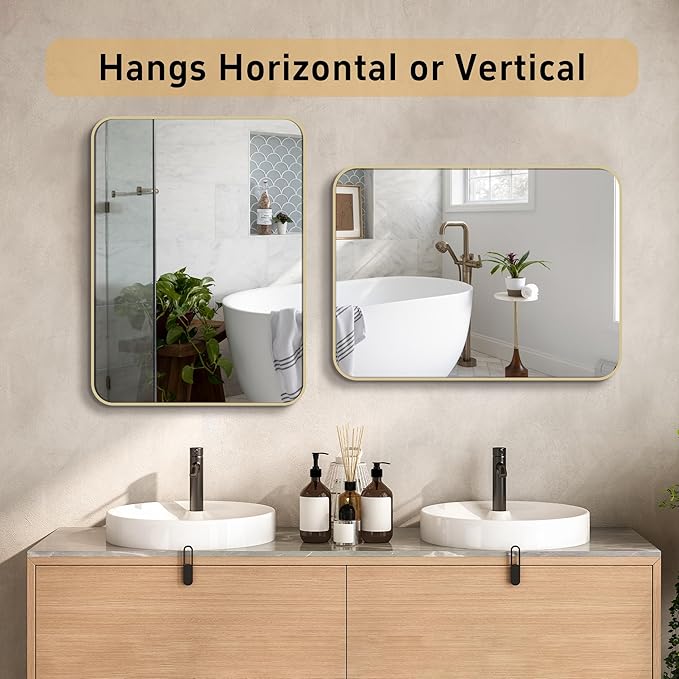 French Gold Mirror for Wall Decor, 40x30 Inch Brushed Brass Metal Framed Rectangle Wall Mirror for Bathroom Vanity, Living Room, Bedroom, Farmhouse, Hangs Vertically or Horizontally