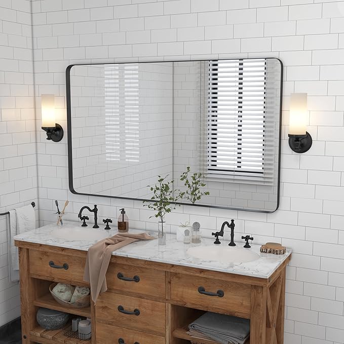 VocalStar 55 x 30 Inch Black Bathroom Mirror for Wall, Large Rounded Rectangle Metal Framed Bathroom Wall Vanity Mirror Farmhouse, 1/4-inch Shatterproof Glass | Ultra-Flush Hanging