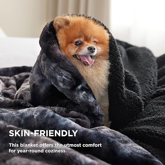 Bedsure GentleSoft Sherpa Fluffy Throw Blanket - Fleece Warm and Cozy Throw for Women Gift, Plush & Fuzzy Faux Fur Christmas Blanket for Couch, Sofa, Bed Decor, Tie Dye Design, Black, 50x60 Inches