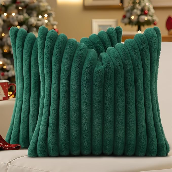 decorUhome Fall Faux Fur Throw Pillow Covers 26x26 Set of 2 Christmas Green | by decorUhome