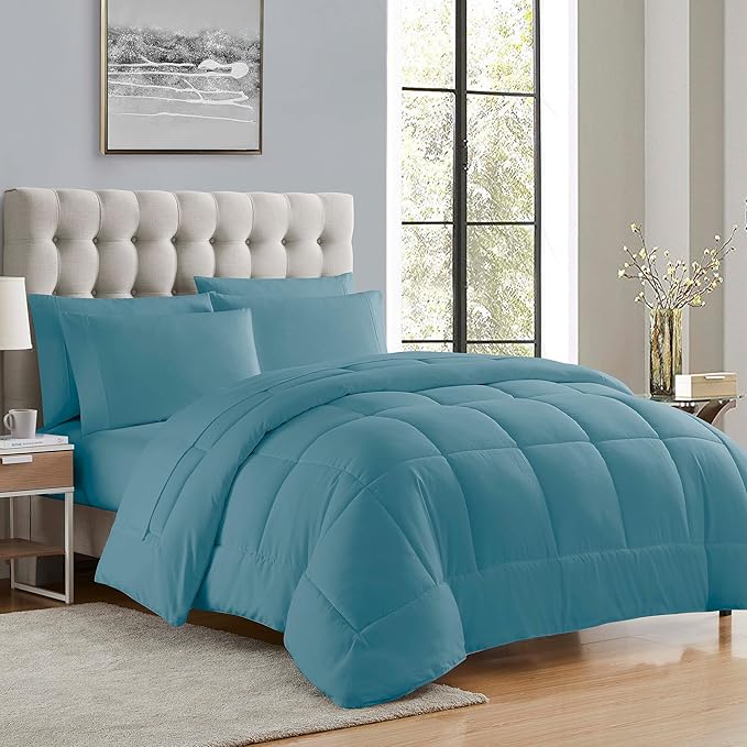Sweet Home Collection 5 Piece Comforter Set Bag Solid Color All Season Soft Down Alternative Blanket & Luxurious Microfiber Bed Sheets, Misty Blue, Twin
