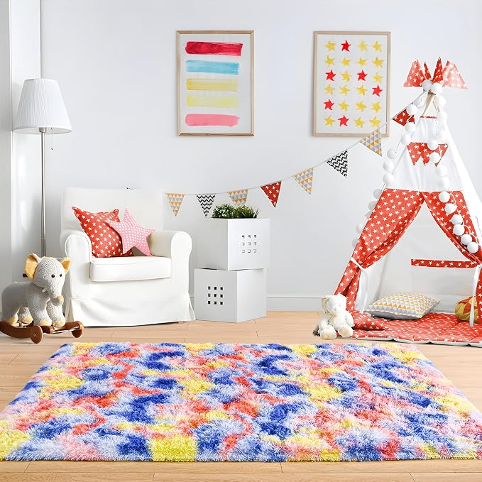 5x7 Tie-Dyed Blue Red Yellow Fluffy Soft Area Rug Non-Slip - Image 6
