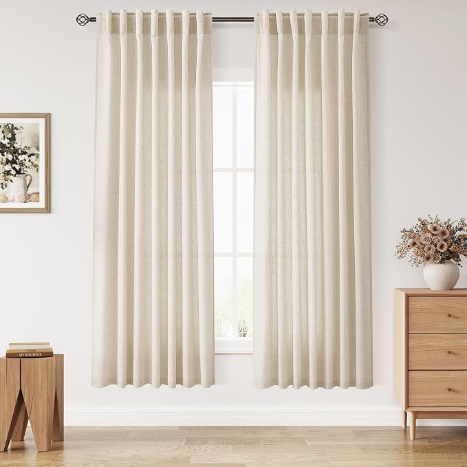 Linen Curtains 70 Inch Length for Living Room Back Tab Semi Sheer Light by Nanspring