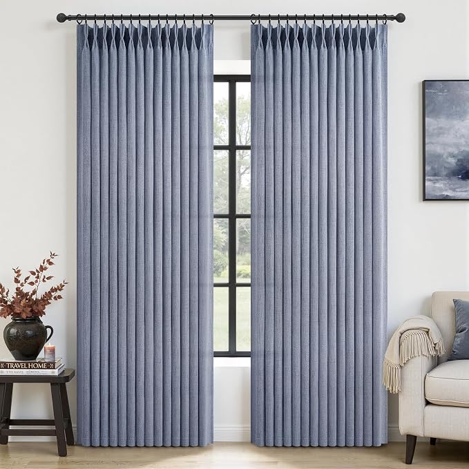Sheer Linen Pinch Pleated Light Filtering Greyish Blue 90 Inch Curtains by PleatedDrapes