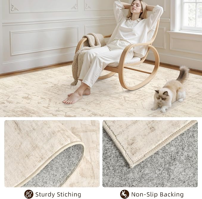5x7 Area Rugs Living Room: Bedroom Washable Carpet Beige/Brown | Large Vintage - Image 4