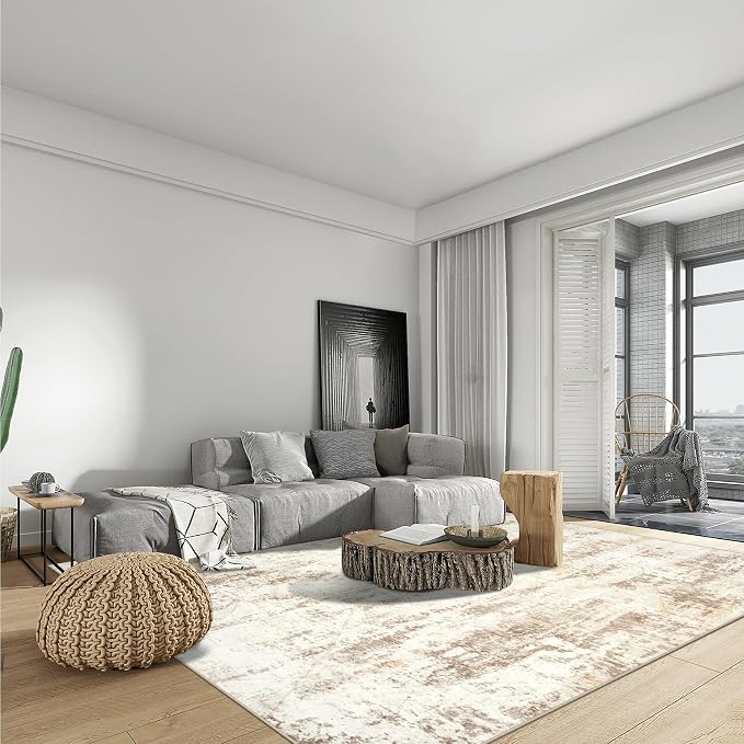 8x10 Area Rugs for Living Room: Washable Abstract Beige Grey Badroom Carpet | - Image 4