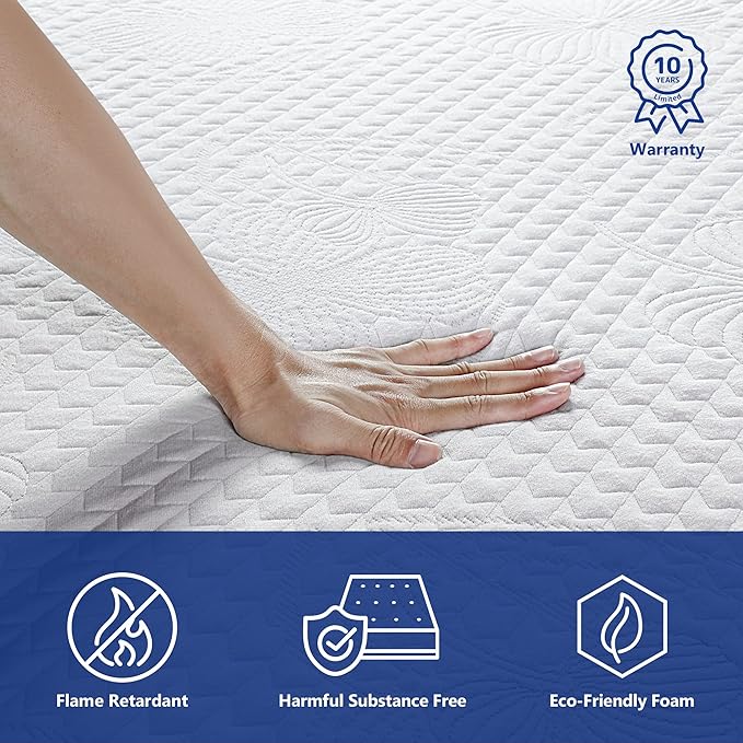Olee Sleep King Mattress, 10 Inch Gel Memory Foam Mattress, Gel Infused for Comfort and Pressure Relief, CertiPUR-US Certified, Bed-in-a-Box, Medium Firm, Blue, King Size