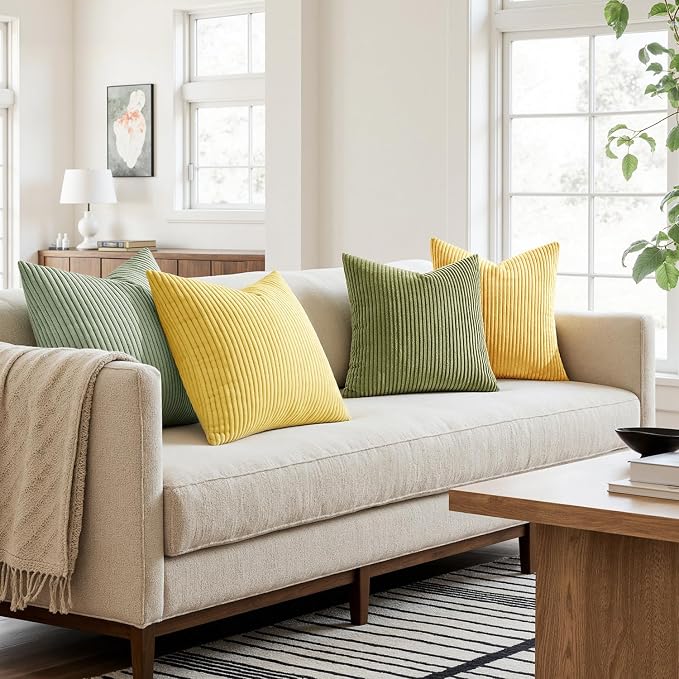 MIULEE Soft Corduroy Decorative Throw Pillow Covers Yellow Green 18x18 | Set of - Image 3