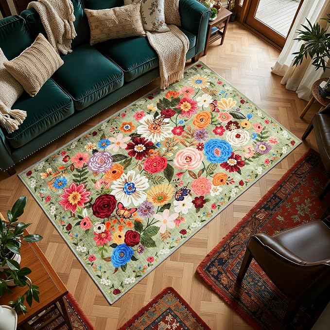 Floral Area Rug 4x6 for Bedroom Dining Room | Boho Style; Low Pile; Non - Image 3