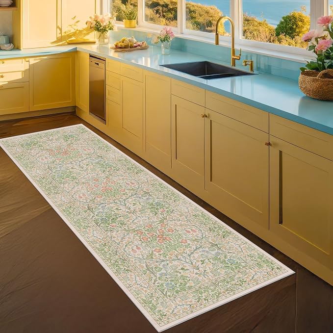 Non Slip Beige Green Bathroom Runner Rug - Image 6