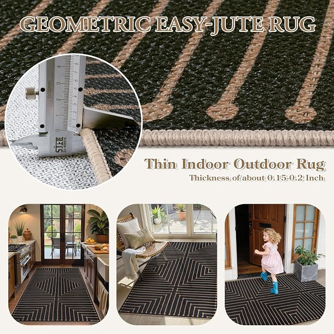 Lahome Black 3x5 Washable Rug, Neutral Easy Jute Entryway Front Porch Rug | - Image 4
