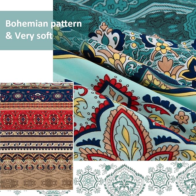 Cottolester Boho Full Size Comforter Set 8 Pieces,Green and Brown Bohemian Striped Bed in a Bag,Floral Soft Microfiber Bedding Comforter Set
