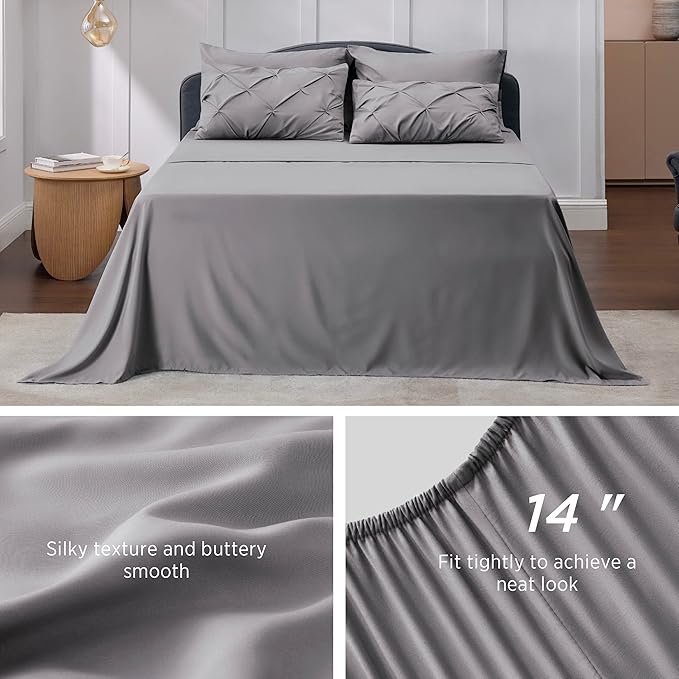 Bedsure Twin Comforter Set Grey - Bed in a Bag Twin Size Bedding 5 Pieces, GentleSoft™ Pintuck Bed Set Gift for Family, Pinch Pleat Grey Comforter with Sheets, Pillowcase & Sham