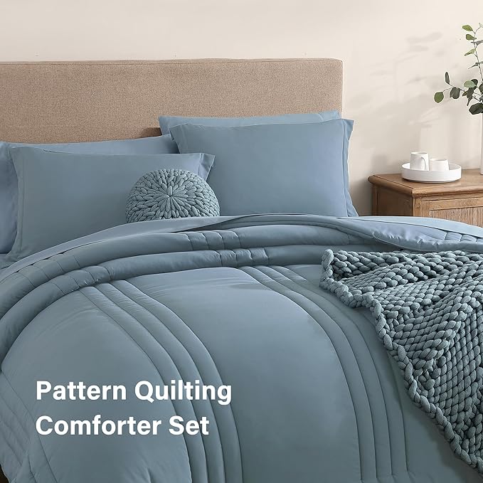 Monbix King Size Comforter Set - 7 Pieces Bed in a Bag King, Dusty Blue Bedding Sets with Comforter, All Seasons Down Alternative Comforter Bed Set with Sheets, Pillowcases & Shams