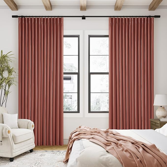 Terracotta Pinch Pleat 100% Blackout Linen Bedroom Curtains 96 Inch Length | - Image 9