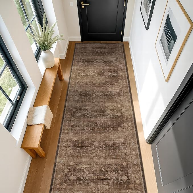 Brown Neutral Boho Washable 3x12 Extra Long Hallway Runner Rug, Waterproof - Image 3
