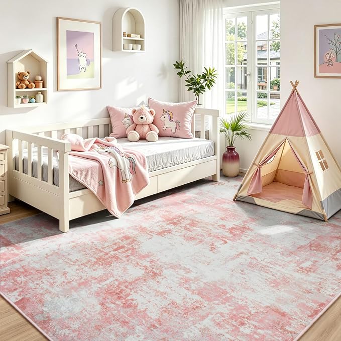 Rugflix 5x7 Area Rugs for Living Room, Washable Pink White Large Rug | Machine by RugflixAreaRugs