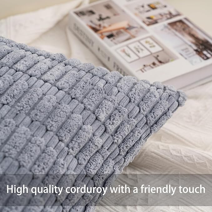 Pack of 2 Corduroy Decorative Throw Pillow Covers 12x24 Inch, Light Grey | Fall - Image 2