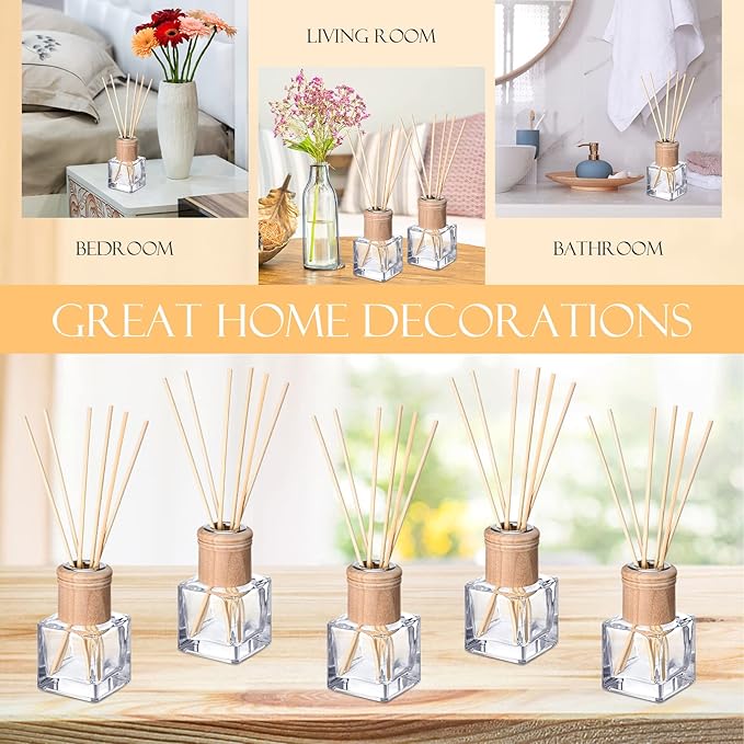 Roshtia 20 Set Reed Diffuser Bottle Empty Fragrance Glass Diffuser Bottles Refillable Diffuser Bottles Set with Wooden Caps and Rattan Sticks 50ml 1.7 Oz Diffuser Glass Jars for DIY Fragrance (Square)
