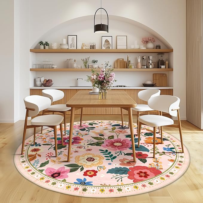 RELEANY Floral Washable Round 6ft Area Rug Pink | Flower Carpet Print Boho Cute - Image 8