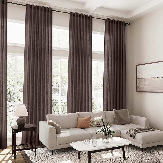 Coffee Linen Semi Sheer Curtains 108 Inches Long 2 Panels Set Back Tab Loop - Image 7