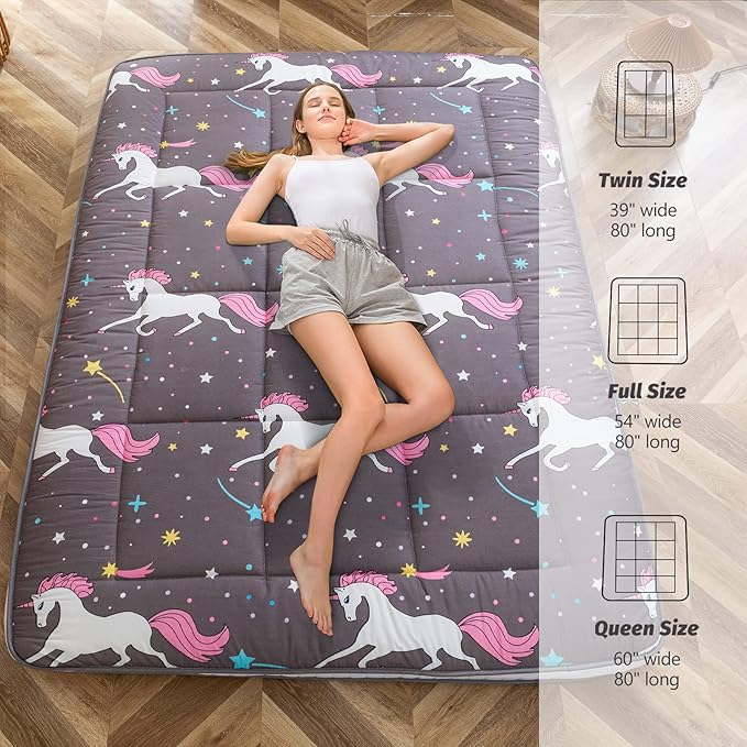 MAXYOYO Unicorn Pattern Futon Mattress, Padded Japanese Floor Mattress Quilted Bed Mattress Topper, Extra Thick Folding Sleeping Pad Breathable Floor Lounger Guest Bed for Camping Couch, Grey, Queen