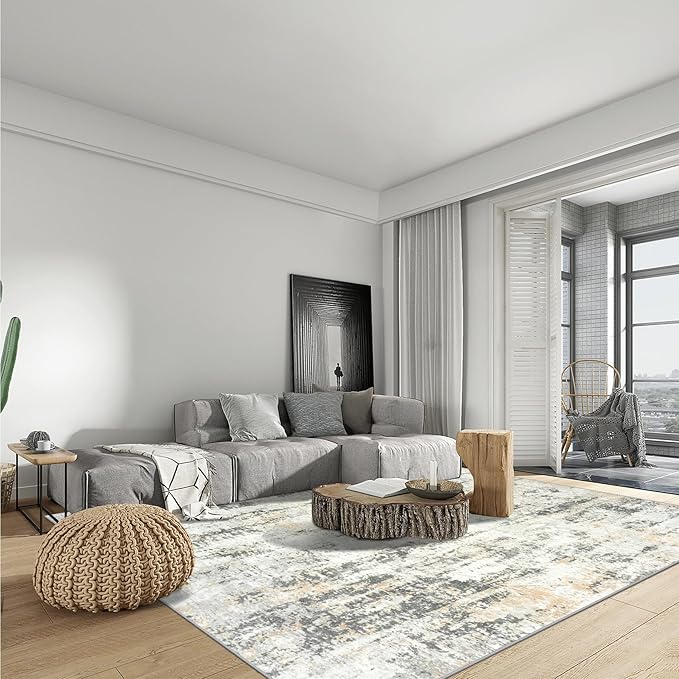 8x10 Area Rugs for Living Room: Washable Abstract Grey Brown Badroom Carpet | - Image 4