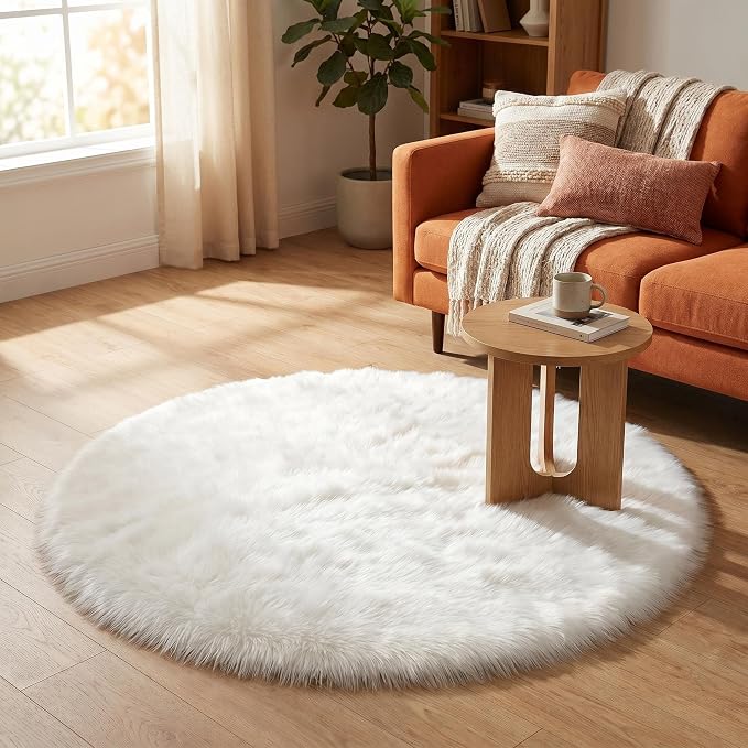 duduta White Faux Fur Sheepskin Round Rug 4x4 ft, Fluffy Shag Circle Rug | Shag - Image 7