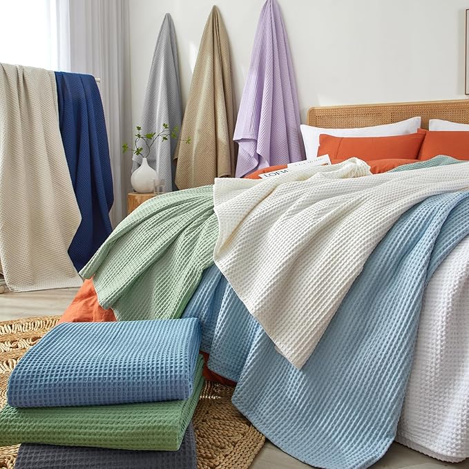 PHF 100% Cotton Waffle Weave Blanket California King Size 120"x 120" - Washed Soft Lightweight Breathable - 10'x10' Oversize Huge Extra Large for Couch Bed Sofa,Aesthetic Room Decor Gift - Black